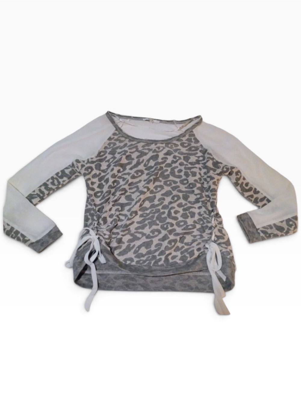 Miss Me Gray Leopard Print Lace Up Long-Sleeve Top with White Raglan Sleeves